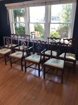 Chippendale Dining Chairs Set 8.  Vintage Mahogany with needlepoint seats 2
