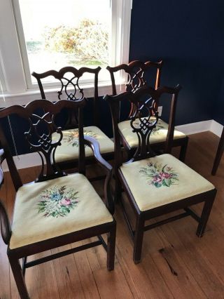 Chippendale Dining Chairs Set 8.  Vintage Mahogany with needlepoint seats 5