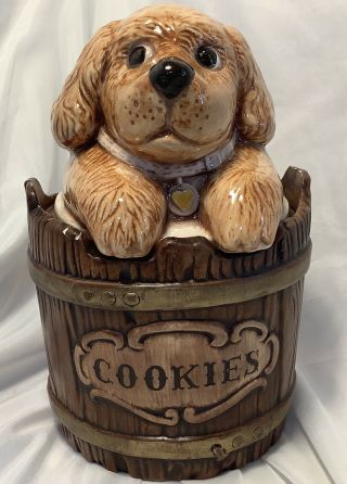 Vintage Treasure Craft Cookie Jar Puppy Dog In A Barrel 11” Tall X 7”