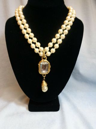 Bold Faux Pearl Large Bead Necklace W Huge Enhancer Pendant Dangle Vintage