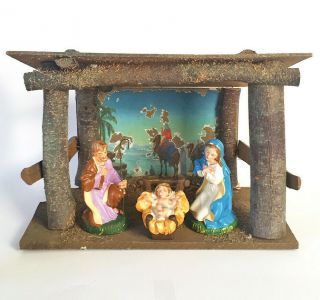 Vintage Creche,  Wood Stable For 5 " - 7 " Figurines,  Baby Jesus,  Mary And Joseph