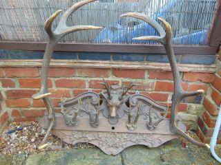 Antique 19thc Black Forest Style Wood Carved Coat Hat Rack Stag Head &
