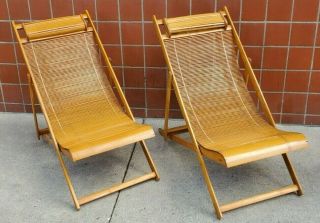 Vintage 1940s Japanese Bamboo Wood Loungers Deck Chairs - Set Of 2