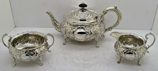 English Victorian Sterling Silver Heavy Repousse 3 Piece Tea Service London 1896