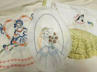 Vintage Crochet Embroidered Dresser Scarf Runners Doily Women Flapper