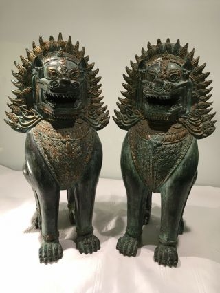 Large Antique Vintage Gilt Bronze Foo Dogs,  Temple Lions 42 Cm Tall