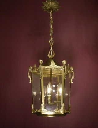 Large Antique Bronze Hanging Lantern Chandelier Lamp Foyer Brass 3l Ø 14 "
