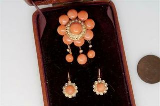 Antique French 18k Gold Coral & Pearl Brooch & Earrings Boxed Set C1890