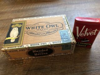 White Owl Havana Cigar Box W/ Tax Label Rare & Velvet Tobacco Tin