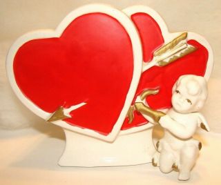 Vintage Lefton Valentine Planter Figurine 2995n Double Heart With Cupid
