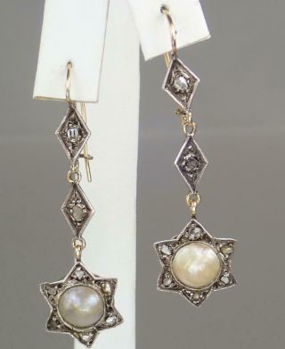 Long Antique Victorian 18k Gold Sterling Silver Pearl Diamond Moon Star Earrings
