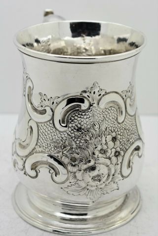 GEORGE II solid silver HEAVILY REPOUSSED pint MUG/TANKARD.  Whipham 1750.  349gram 3