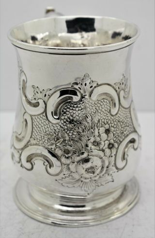 GEORGE II solid silver HEAVILY REPOUSSED pint MUG/TANKARD.  Whipham 1750.  349gram 4