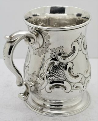 GEORGE II solid silver HEAVILY REPOUSSED pint MUG/TANKARD.  Whipham 1750.  349gram 5
