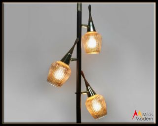60s Mid Century Modern 3 Light Tension Pole Floor Lamp Glass Diffused Shades 2