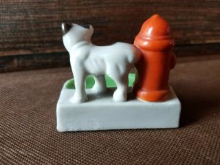 Vintage Japan Porcelain Miniature Ashtray Bull Dog peeing on Fire Hydrant 2