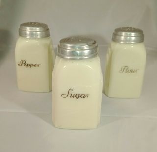Vintage Mckee Arch Uranium Custard Milk Glass 3 - Pc Sugar Flour Pepper Shaker Set