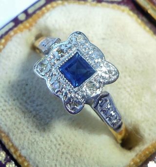 Antique Art Deco 18ct Gold,  Platinum,  Princess Sapphire & Diamond Ring,  Size L