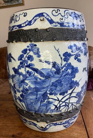 A Very Large 19th Century Chinese Crackle Glazed Blue And White Garden Seat