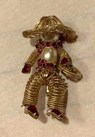 Vintage Weiss Pearl Cowboy and Ruby Rhinestone Brooch Set Gold Wire Pin Cabochon 2