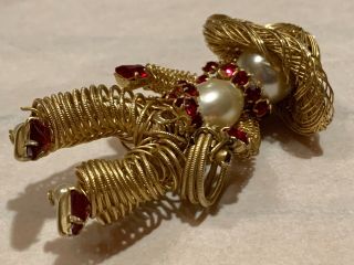 Vintage Weiss Pearl Cowboy and Ruby Rhinestone Brooch Set Gold Wire Pin Cabochon 3