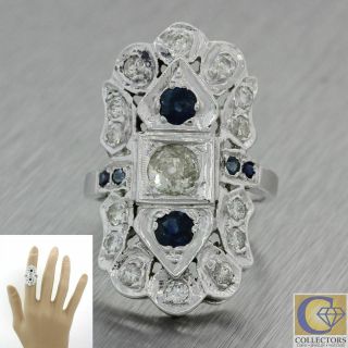 1930s Antique Art Deco 14k Solid White Gold 1.  28ctw Diamond Sapphire Ring