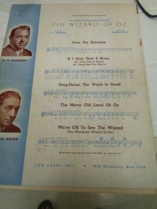Wizard Of Oz “Over The Rainbow” 1939 Sheet Music.  Vintage. 3