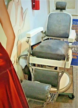Antique Koken Barber Chair Vintage Mechanical Porcelain Leather Great Project