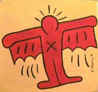 Vintage Abstract Acrylic On Canvas After Keith Haring Modern Art 20th Century