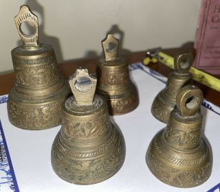 Vintage Set Of 5 Brass Bells Of Sarna Made In India 1955 3 Sizes