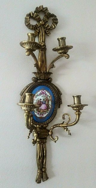 Antique French Classic Gilt Bronze Sevres Porcelain Candlestick Wall Sconce
