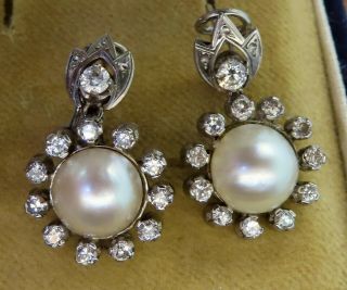 Vintage Palladium Art Deco Antique 2.  60 Ct Diamond Mabe Pearl Filigree Earrings