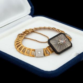 Antique Vintage Deco 18k Gold 900 Platinum Frosted Glass Diamond Onyx Bracelet
