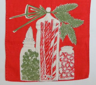 Vtg Vera Neumann Christmas Candy Jar Peppermints Red & Green Linen Tea Towel