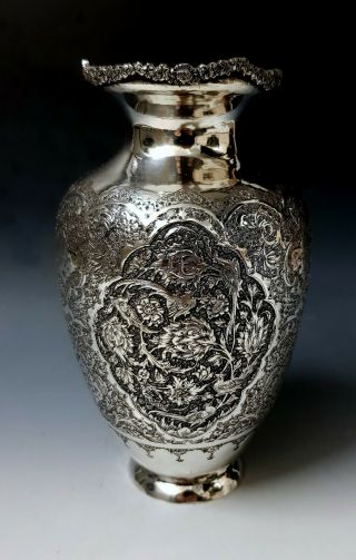 Antique Persian Style Middle Eastern Islamic Hand Chased Solid Silver Vase 444g