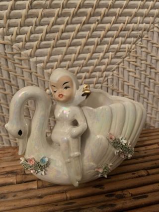 Vintage Ceramic White Winking Elf/pixie Girl Iridescent Pink Swan Planter No1684