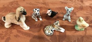 6 Vintage Bone China Miniature Animal Figurines Dogs,  Tiger,  Birds,  Mouse