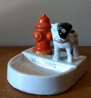 Vintage Lusterware Ashtray,  Bull Dog Peeing on Fire Hydrant.  Made in Japan. 3