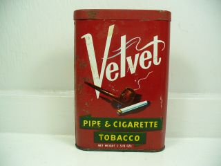 Vintage Velvet Pipe And Cigarette Tobacco Tin 1 5/8 Ounce Size.