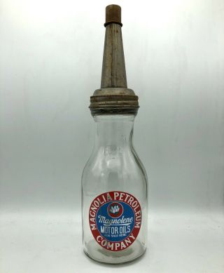 Vintage Magnolia Petroleum Glass Motor Oil Bottle - Master Mfg. ,  Litchfield Spout