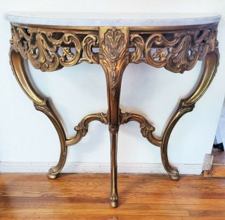 Vintage Marble Top Giltwood French Style Entryway Demilune Console Table