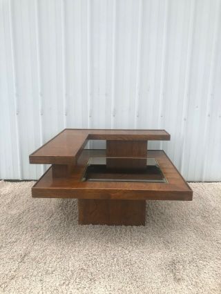 Mid Century Modern Walnut Two Tier End Table With Mirrored Glass