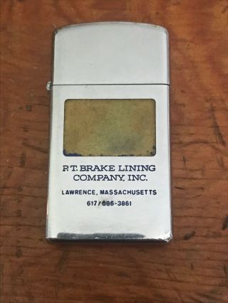 Vintage 1971 Zippo Slim Advertising Lighter P.  T.  Brake Lining Co Lawrence Ma