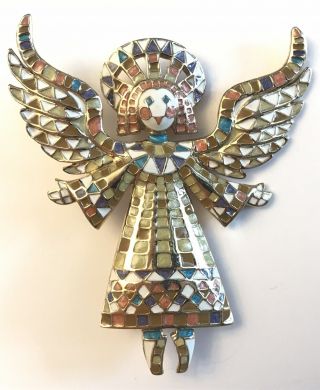 Vtg Bob Mackie Enamel Guardian Angel Mosaic Pin Brooch,  Christian Faith Love