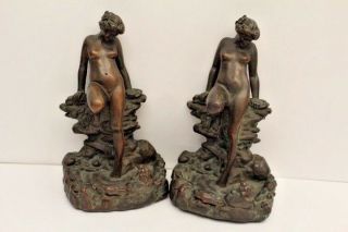Antique Kbw Kathodian Bronze Nude Lady Frog Pond Art Statue Bookends