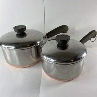 2 Vtg Revere Ware Stainless Steel Copper Bottom 1 And 1.  5 Qt Sauce Pan Pot W/lid