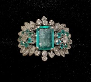 Antique Large Emerald & Diamond White Gold Cluster Ring