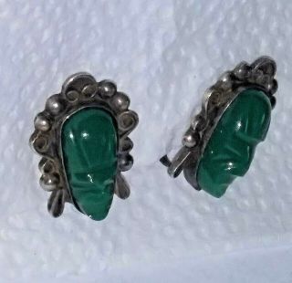 Vintage Mexico Silver Jade Green Carved Stone Aztec Warrior Mask Face Earrings