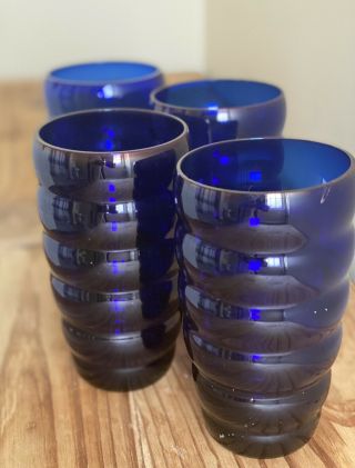 Vintage Cobalt Blue Beehive Ring High Ball Juice Drinking Glasses