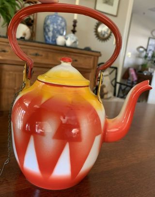 Vintage Emo Celje Enamel Enamelware Teapot Orange Yellow Yugoslavia